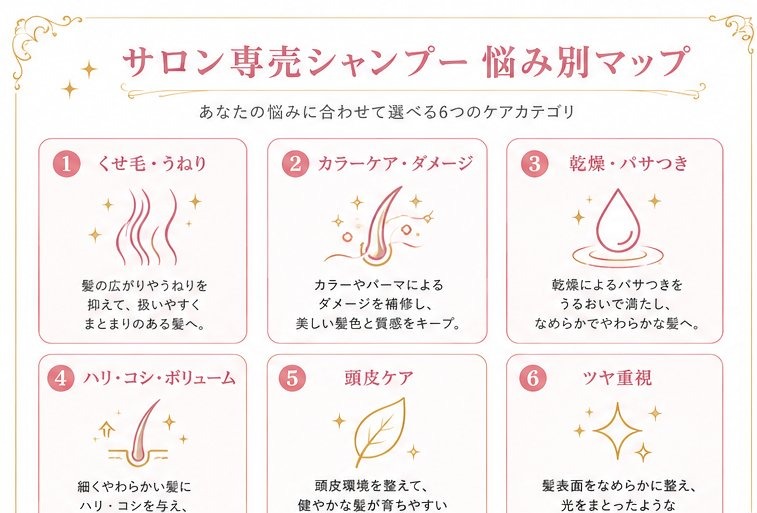 サロン専売シャンプー 悩み別マップ。くせ毛・カラーケア・乾燥・ボリューム・頭皮ケア・ツヤの6カテゴリ。