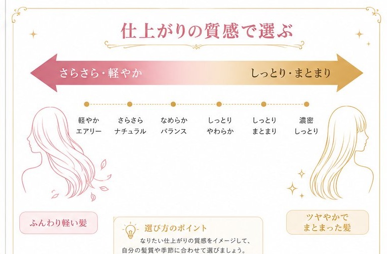 仕上がりの質感で選ぶ。さらさら・軽やかからしっとり・まとまりまでのグラデーション。