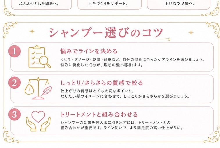シャンプー選びのコツ。悩みでライン決定、質感で絞る、トリートメントと組み合わせる。